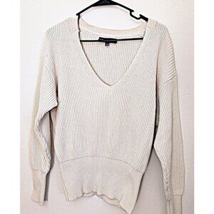 Beige Knit Sweater Poofy Sleeves White Top Knitted Long Sleeve SIZE SMALL